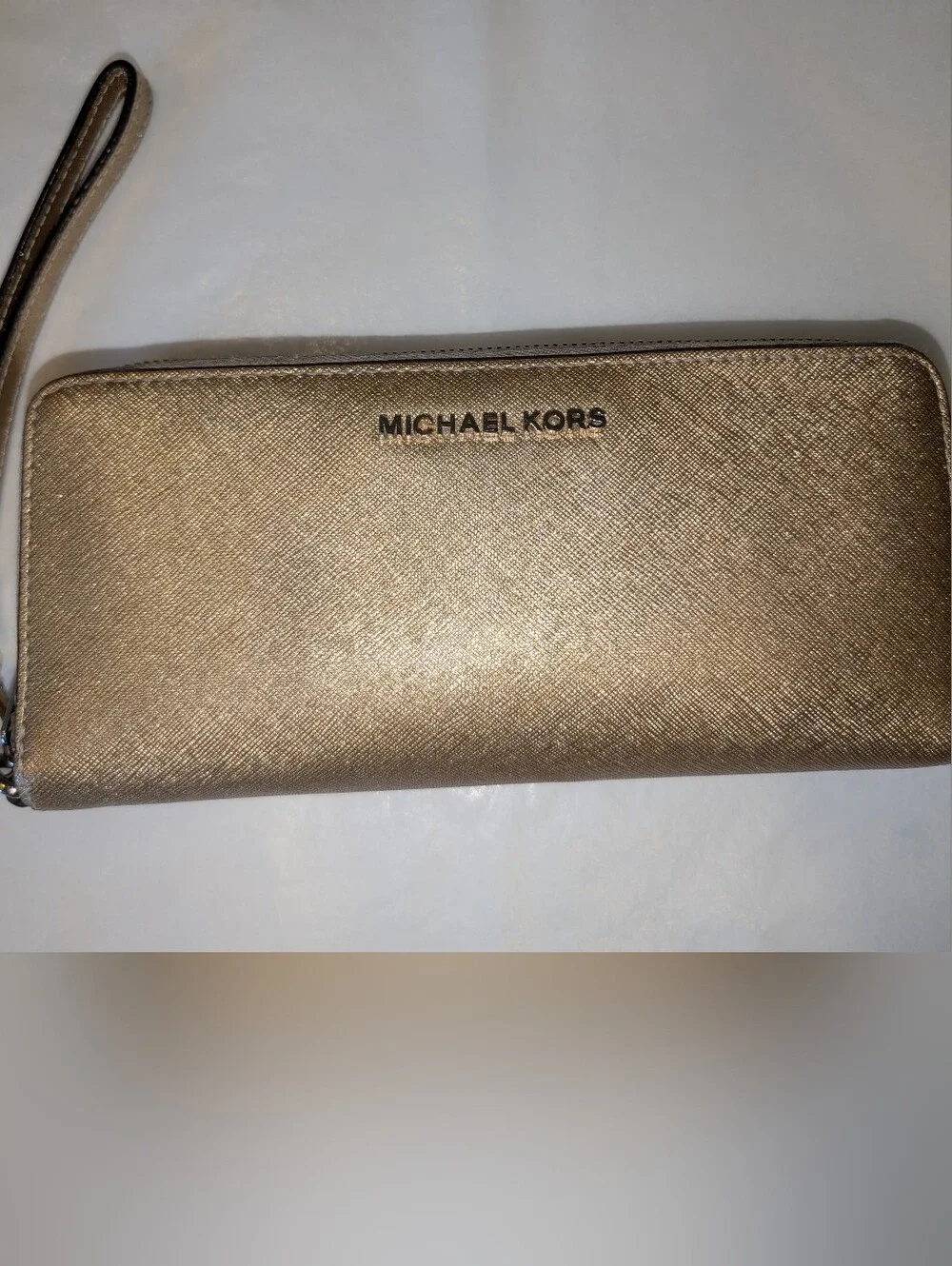 Michael Kors Jet Set Metallic Gold Saffiano Leather Zip Wallet‎ Wristlet luxury